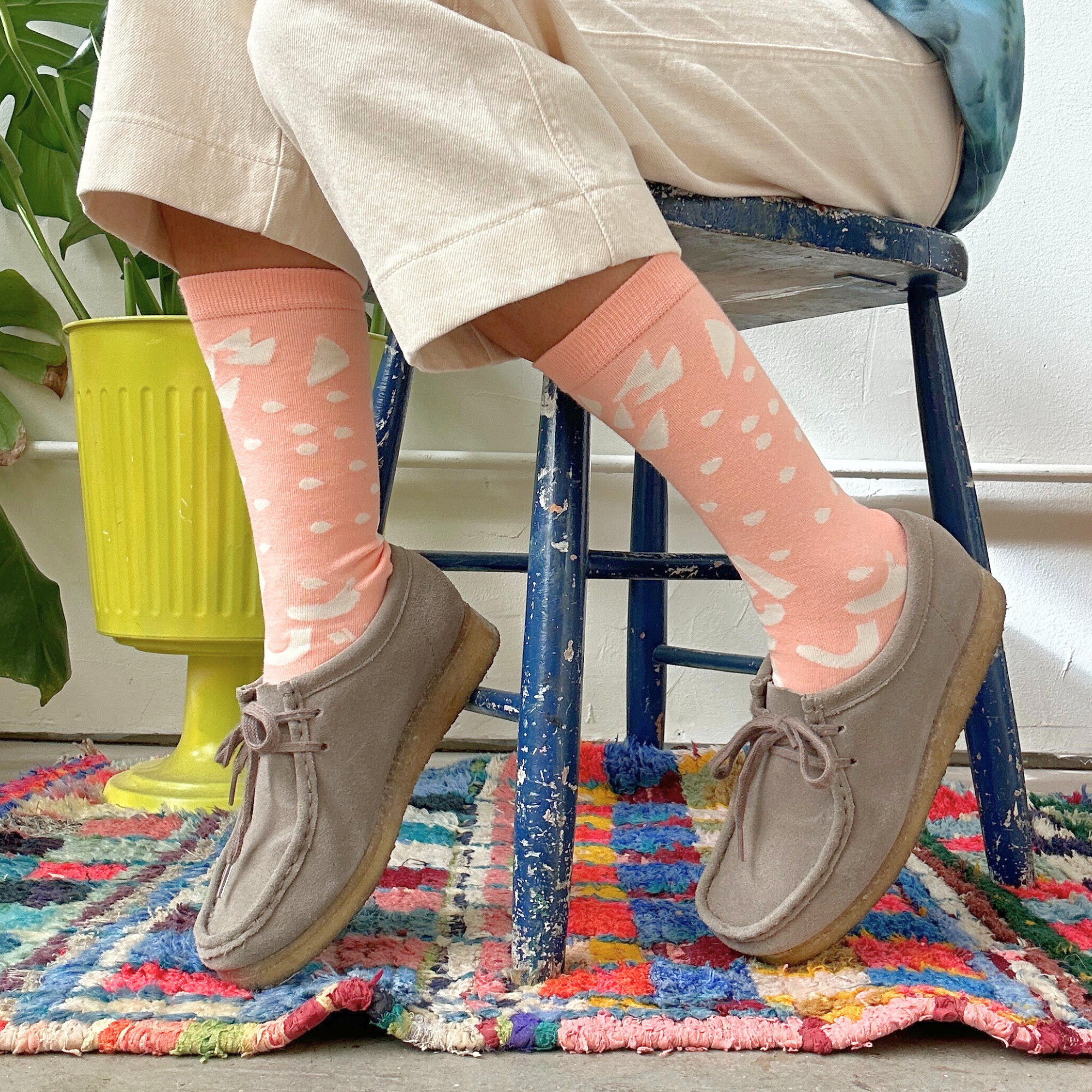 Crew Socks - Dashes & Moons in Coral & Natural