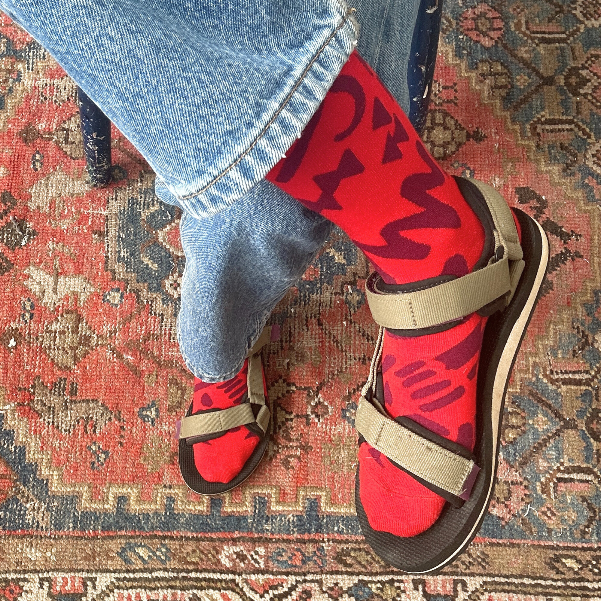 Crew Socks - Dashes and Moons Crew in Tomato & Maroon