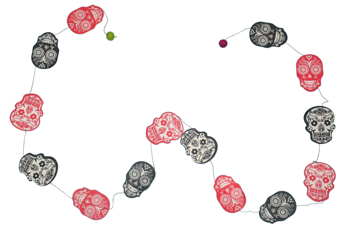 5ft Paper Garland, Sugar skulls black/red
