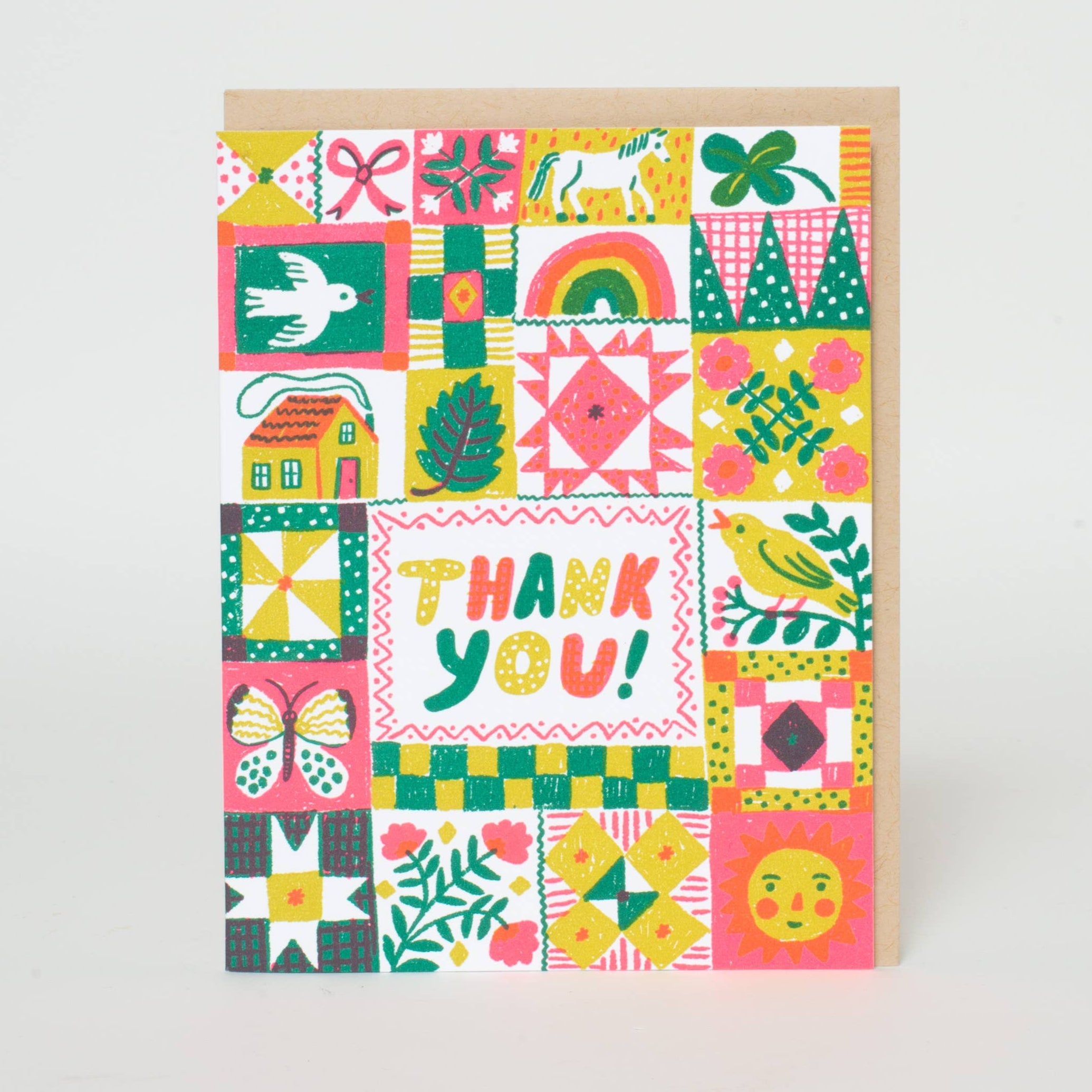 Folk Quilt Thanks Letterpress Greeting Card by Phoebe Wahl