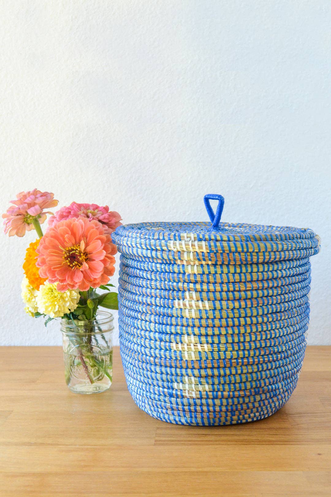Blue and White Blossom Lidded Storage Basket