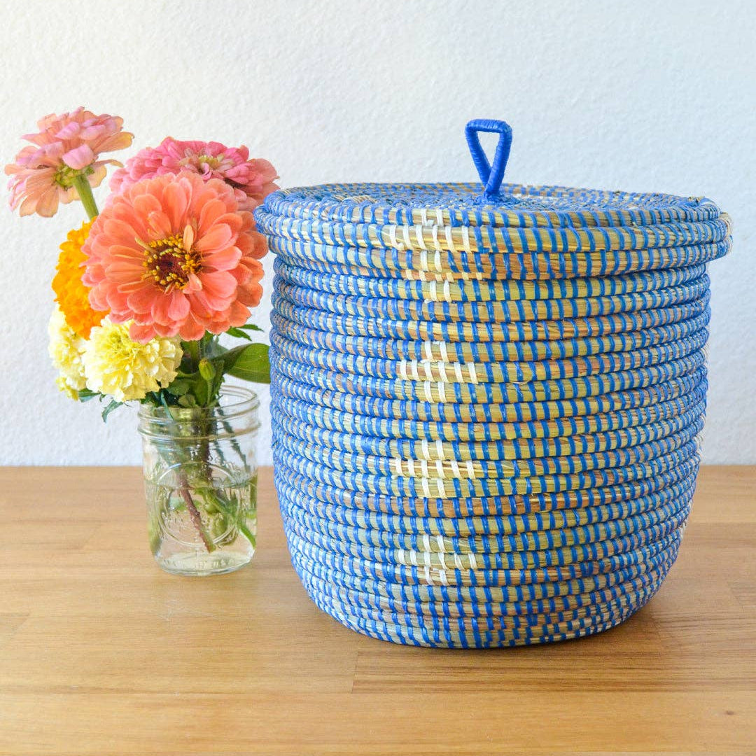 Blue and White Blossom Lidded Storage Basket
