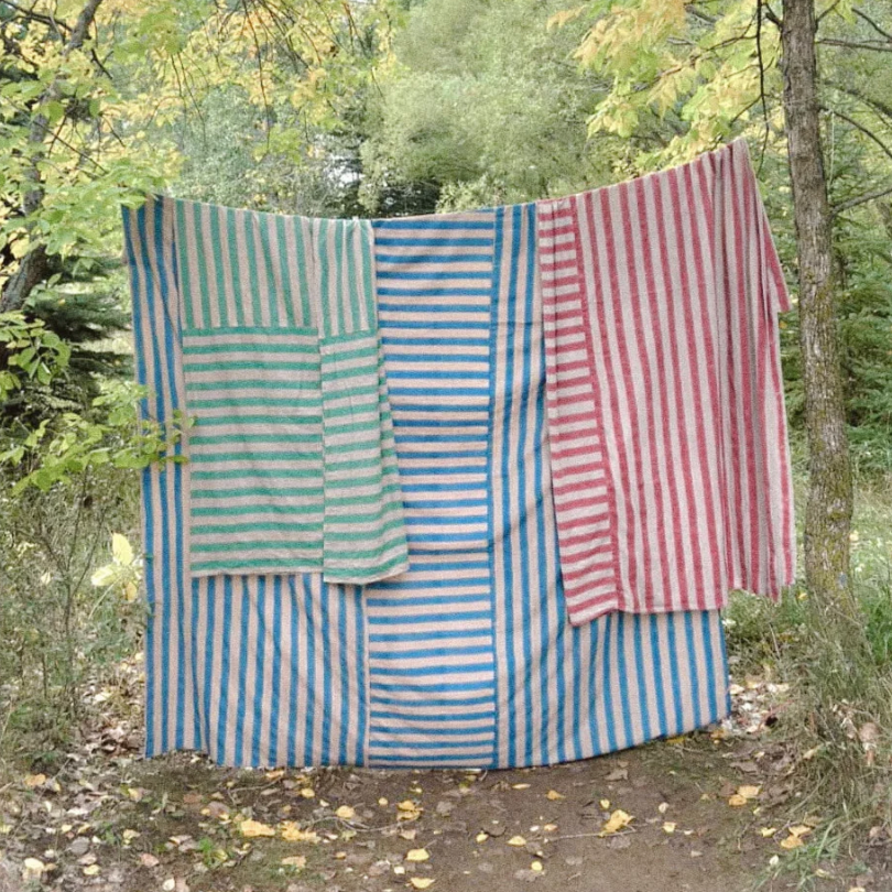 Handwoven Linen Block Printed Blue Stripe Coverlet