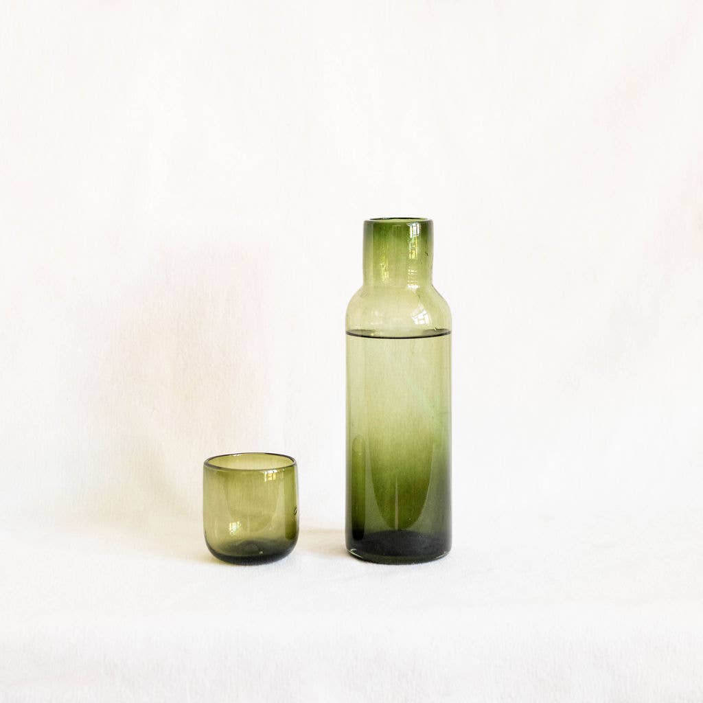 Handblown Glass Carafe - Olive Green