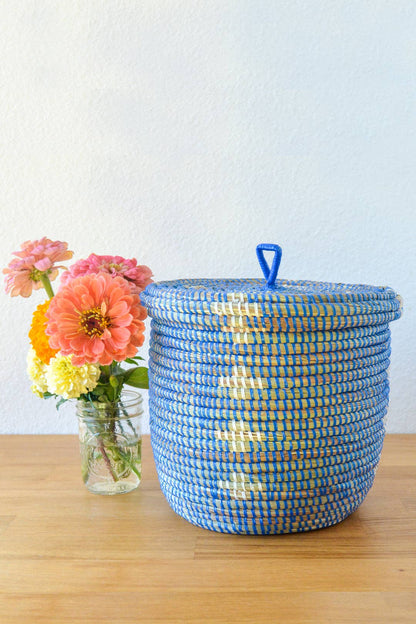 Blue and White Blossom Lidded Storage Basket