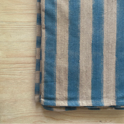Handwoven Linen Block Printed Blue Stripe Coverlet