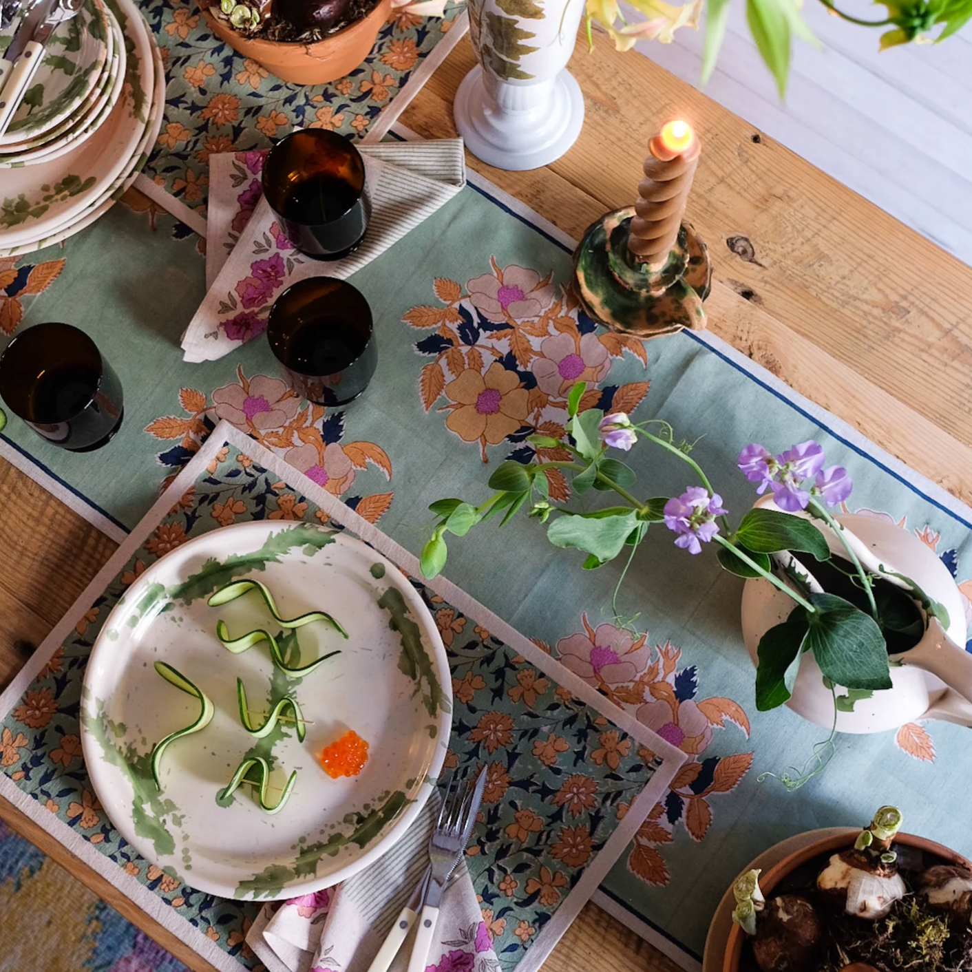 Dia Block Printed Table Runner (Sage)