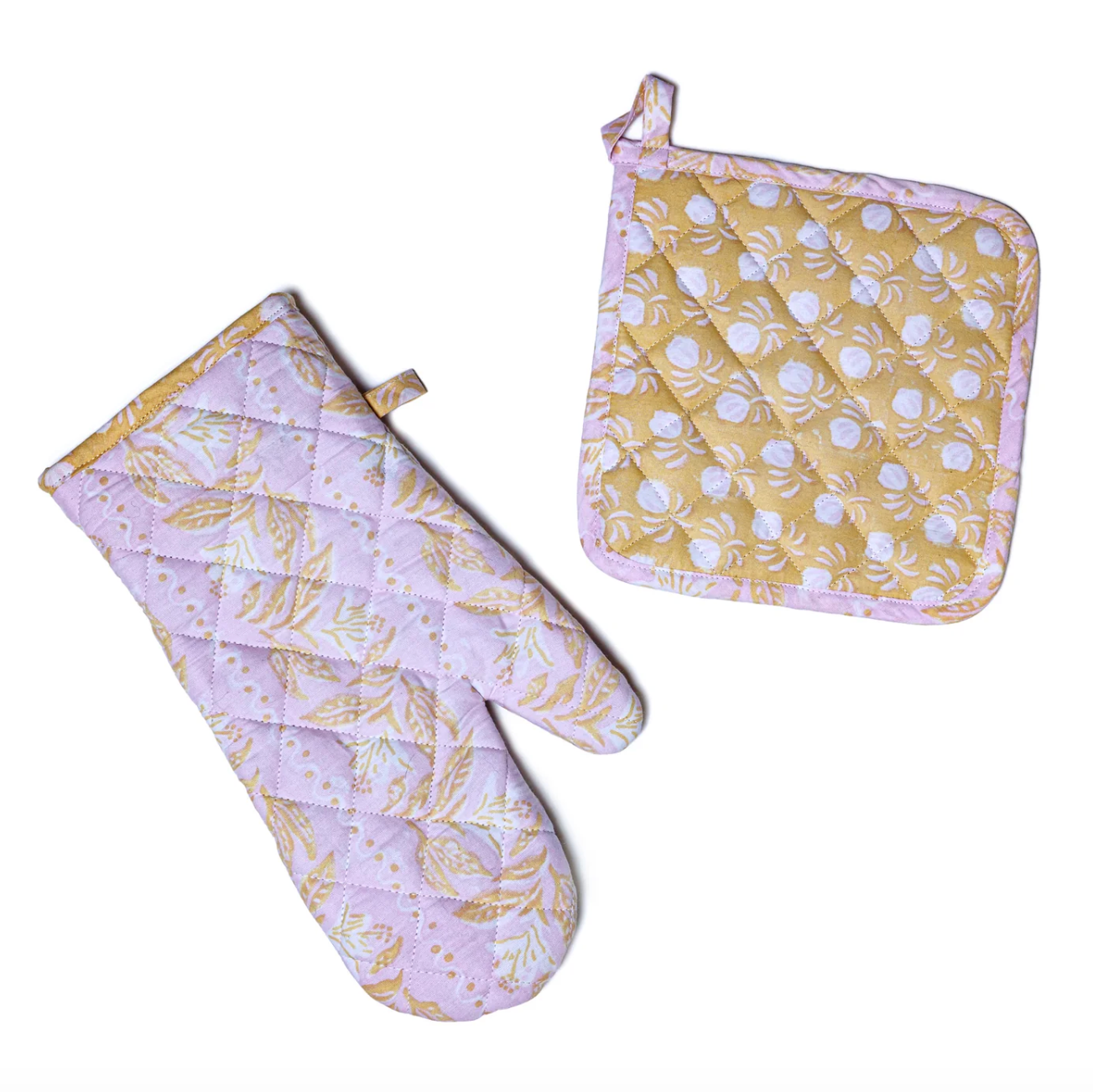 Block Printed Ovenmitt and Pot Holder Set - Azalea Berry Print