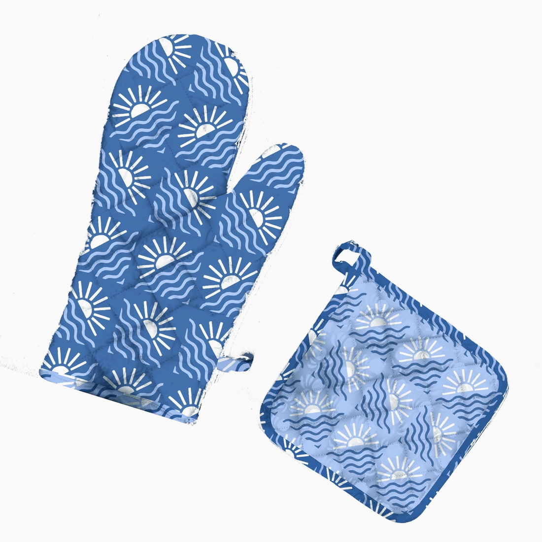 Block Printed Ovenmitt and Pot Holder Set- Blue Sunset