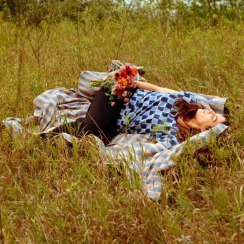 Handwoven Linen Block Printed Blue Stripe Coverlet