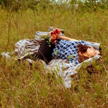 Handwoven Linen Block Printed Blue Stripe Coverlet